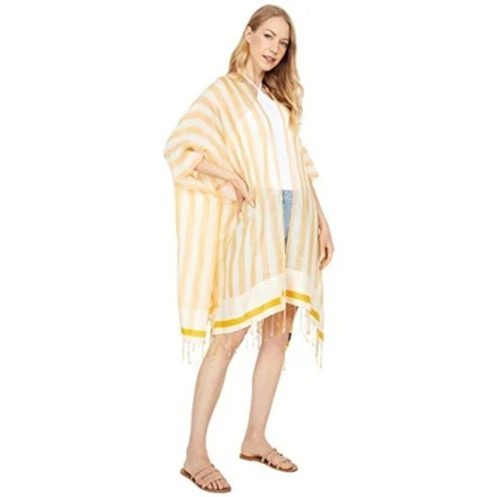 MADEWELL Golden Plume Striped Fringed Beach Wrap Kimono Swim Coverup